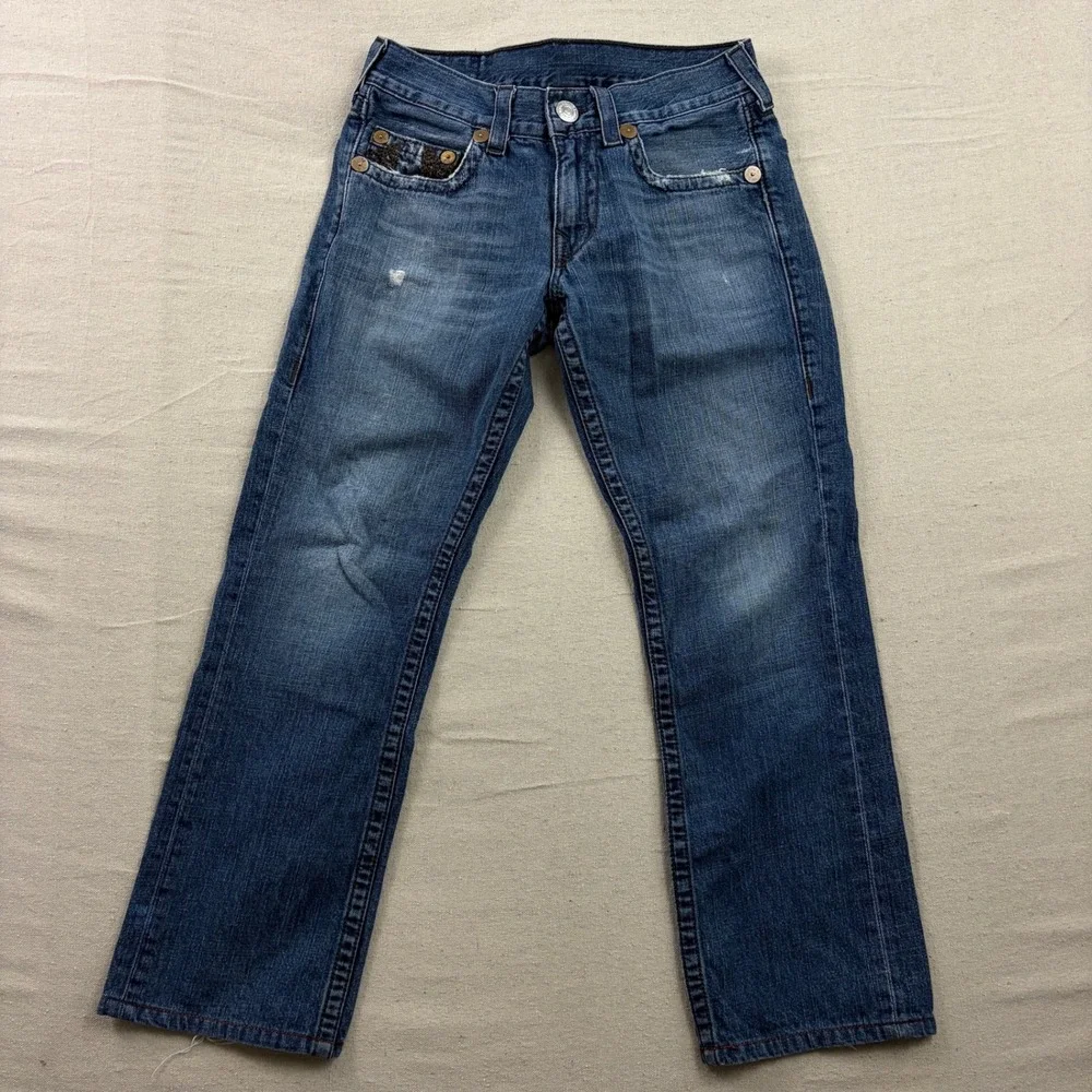 True Religion Bobby Jeans Mens 32 Blue Straight Leg Thick Contrast Stitching